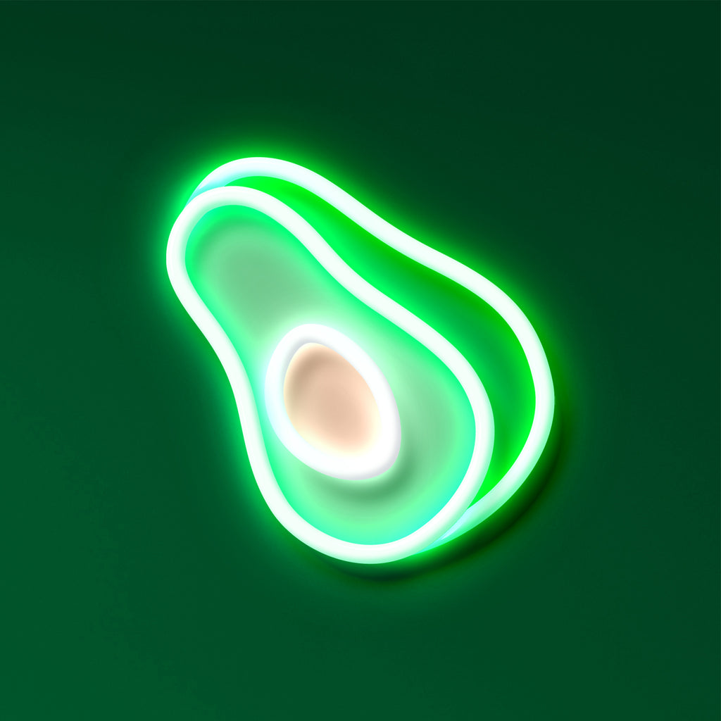Avocado sign in duck egg and emerald neon mounted on a clear acrylic with a printed backing.